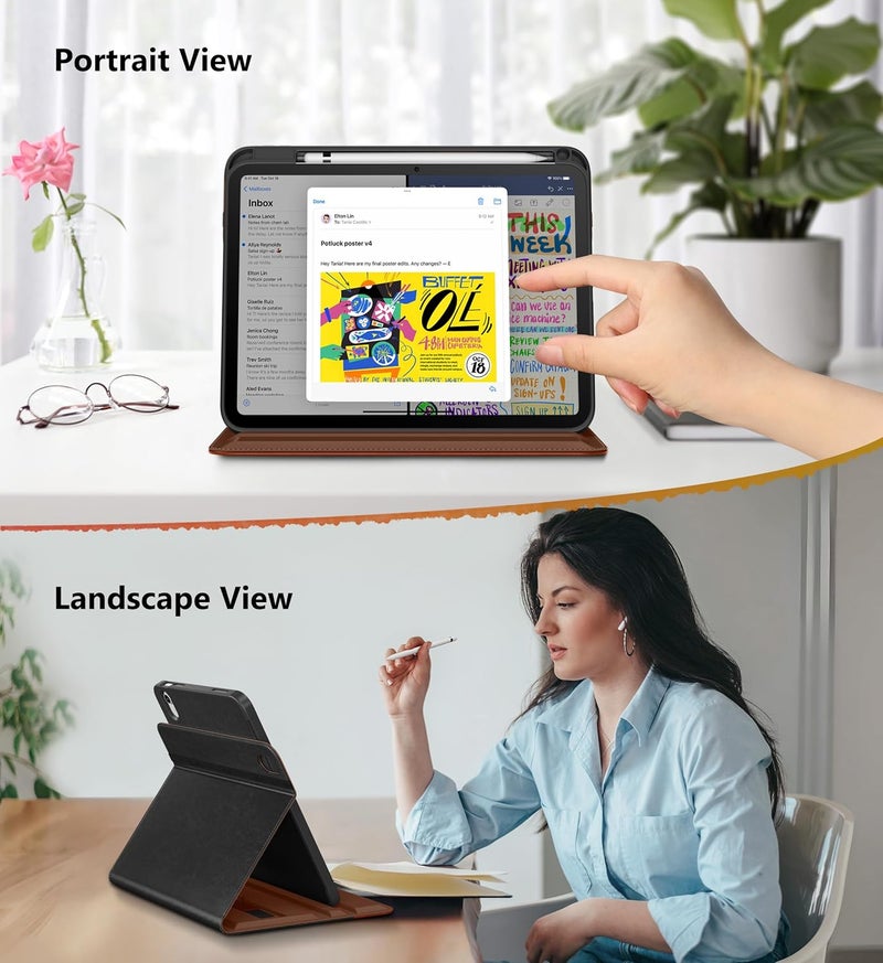 DTTO for iPad A16 Case, iPad 11th / 10th Generation Case (2025/2022), 360 Degree Rotating Premium Leather Folio Stand Cover with Pencil Holder, Black Brown - Image 3